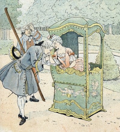 18世纪的贵族女士坐在椅子上，与搬运工接受亲吻的手 作者 Onfray de Breville Jacques Job的化名