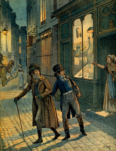 Louis Antoine Fauvelet de Bourrienne（1769-1834）和拿破仑一世（1769-1821）在巴黎街头隐姓埋名。 Jacques Marie Gaston Onfray de Breville dit JOB (1858-1931) 的插图。 私人收藏 作者 Onfray de Breville Jacques Job的化名