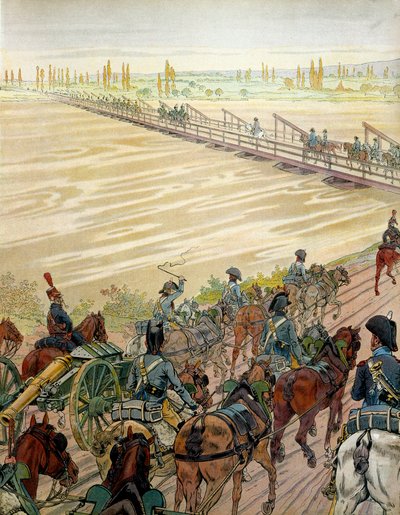 拿破仑一世 (1769-1821) 和他的军队于 1805 年 10 月 1 日通过了莱茵河。在乔治·蒙托盖 (Georges Montorgueil) 的“拿破仑”中。 Jacques Marie Gaston Onfray de Breville dit JOB 的插图 (1858-1931) 作者 Onfray de Breville Jacques Job的化名