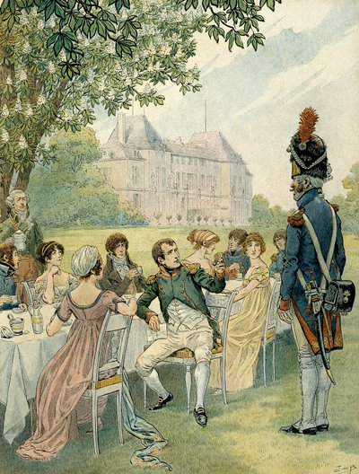 拿破仑一世 (1769-1821) 在马尔迈松城堡的花园吃午饭。 Jacques Marie Gaston Onfray de Breville dit JOB (1858-1931) 的插图。 私人收藏 作者 Onfray de Breville Jacques Job的化名