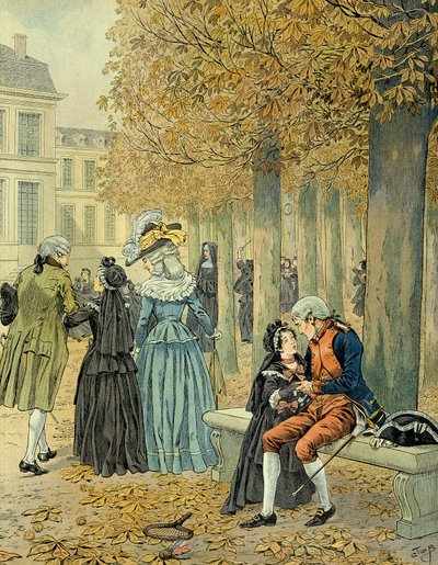 拿破仑一世-波拿巴（1769-1821）在圣西尔（Saint-Cyr）的王室宅邸看望他的妹妹伊丽莎-波拿巴（1777-1820）。插图：Jacques Marie Gaston Onfray de Breville dit JOB (1858-1931) 作者 Onfray de Breville Jacques Job的化名
