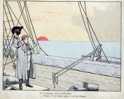 1815年拿破仑在贝勒罗丰号上--约伯（Jacques Onfroy de Breville）的石版画，出自《大拿破仑与小儿童》1893年。 作者 Onfray de Breville Jacques Job的化名