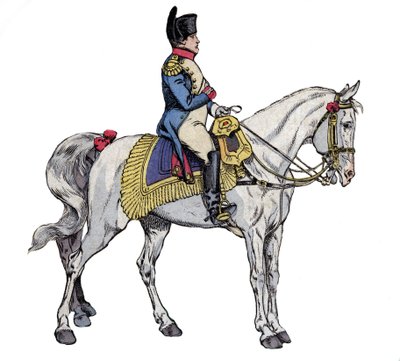 马背上的拿破仑--约伯（Jacques Onfroy de Breville）的石版画，选自 "Le Grand Napoleon des Petites Enfants" 1893年。 作者 Onfray de Breville Jacques Job的化名