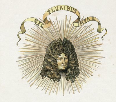 国王路易十四（1638-1715）的肖像，他的座右铭是拉丁文 "Nec pluribus impar"（没有其他类似的）。私人收藏。 作者 Onfray de Breville Jacques Job的化名