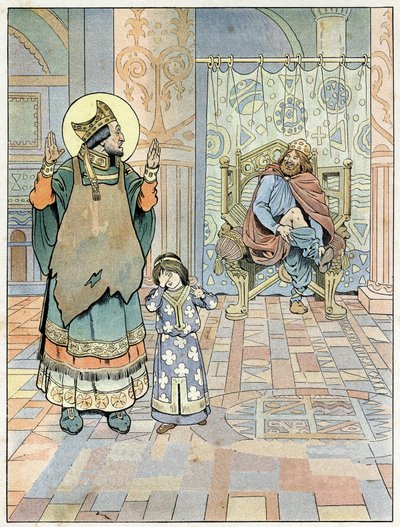圣埃洛伊（v.588-659）向法国国王达戈贝尔一世（602或605-638或639）指出他的裤子是倒放的（内裤倒放）。载于《法国，他的故事由G.Montorgueil讲述，由约伯想象》1896年。私人收藏。 作者 Onfray de Breville Jacques Job的化名
