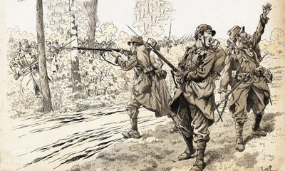 射杀他们!1914-1918年战争中的法国士兵被派去巡逻，以识别敌人的实力和确切位置。在发现德军后，他们下达了开火的命令，而不用担心被夹在火海中。约伯的插图（J 作者 Onfray de Breville Jacques Job的化名