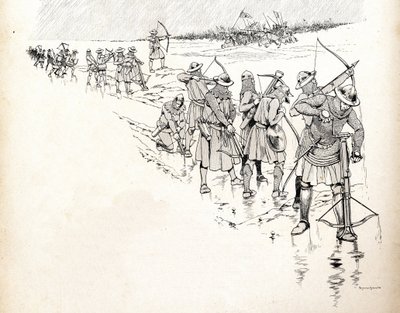 1346年百年战争初期的克雷西战役中，雨水打湿了弓箭的绳索，使法国国王菲利普六世（dit Philippe de Valois，1293-1350）军队的弓箭手无法作战。约伯的插图（雅克 作者 Onfray de Breville Jacques Job的化名
