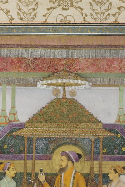 1640年孔雀王座上的沙贾汗皇帝的细节（纸上不透明的黄金和黄金） 作者 Aqa Riza Abid的儿子