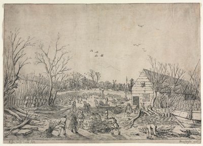 1624年1月10日的大洪水或修复莱克河上的破损堤坝，作者维安恩，1624年。 作者 范德维尔德埃萨亚斯