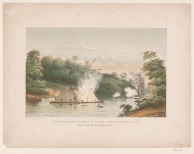 西里伯斯号蒸汽船与科塔马拉号交战。Poeloe Kanamit，1859 年 8 月 6 日（标题见实物） 作者 weduwe Elias Spanier 和 Zn