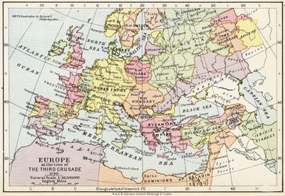 1190年第三次十字军东征时的欧洲地图，来自“历史地图集”，由W. und AK Johnston Limited出版，1911年