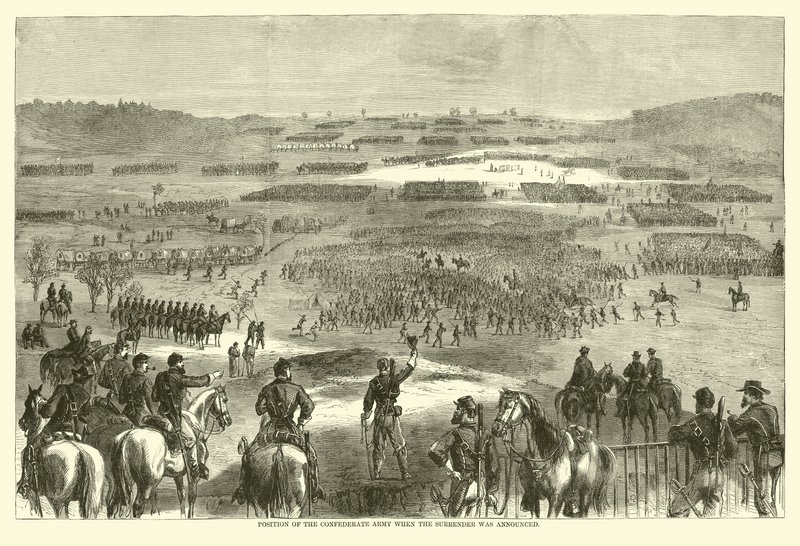 宣布投降时南军的位置，1865年4月（雕刻）。 作者 （之后）美国学校