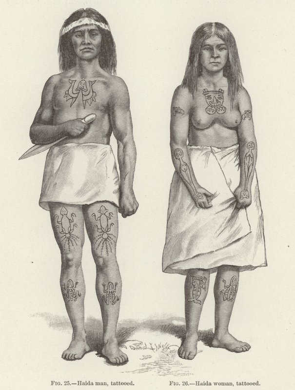 有纹身的海达族妇女和男子（雕刻）。 作者 （之后）美国学校