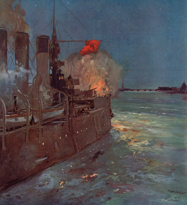 俄国巡洋舰 "曙光 "号鸣枪示意攻打彼得格勒冬宫，俄国革命，1917年10月25日（彩色平印）。 作者 （之后）凯瑞（Carrey）