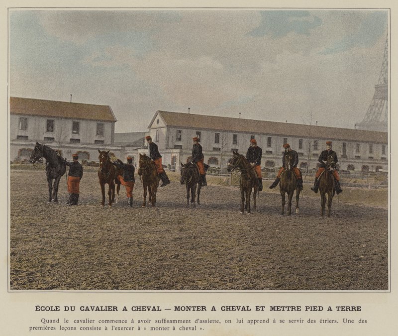 Ecole du Cavalier a Cheval, Monter a Cheval et Mettre Pied a Terre (coloured photo) 作者 （之后）法国摄影师