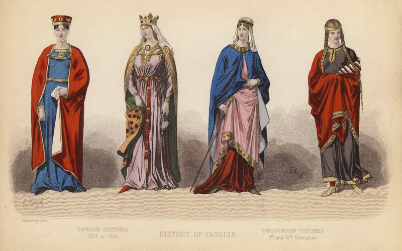 法国的时尚：1100 年至 1364 年的卡佩王朝服饰；9 世纪和 10 世纪的卡洛温王朝服饰（彩色版画） 作者 （之后）法国学校
