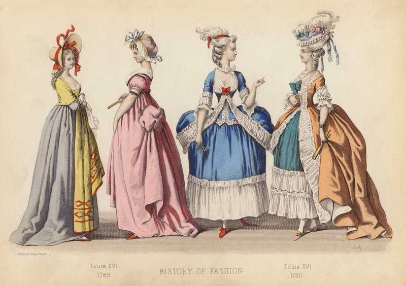 法国的时尚：路易十六 1789 年；路易十六 1780 年（彩色版画） 作者 （之后）法国学校