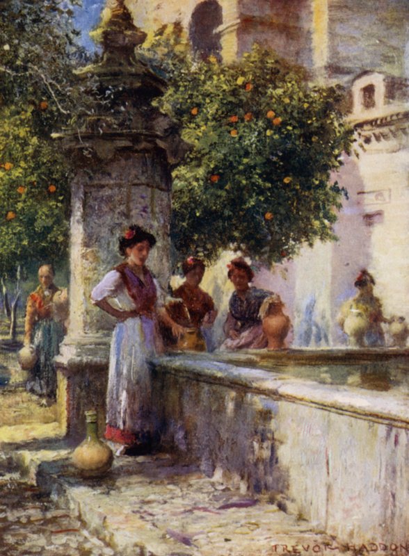 Cordova，Patio de los Naranjos 喷泉（彩色石版画） 作者 特雷弗·哈登