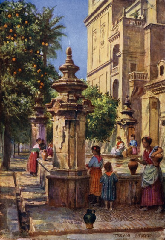 Cordova，Patio de los Naranjos 喷泉（彩色石版画） 作者 特雷弗·哈登