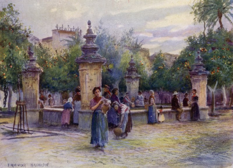 科尔多瓦，Patio de los Naranjos（彩色石版画） 作者 特雷弗·哈登