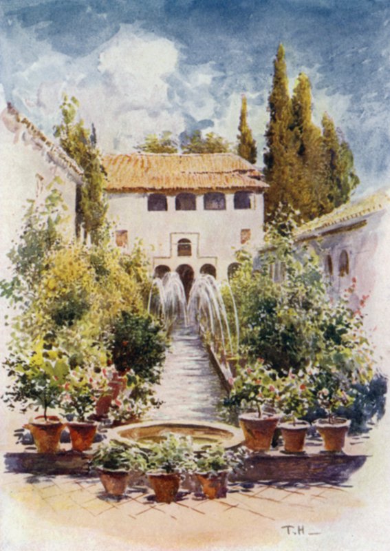 Generalife, Acequia Court (彩色石版画) 作者 特雷弗·哈登