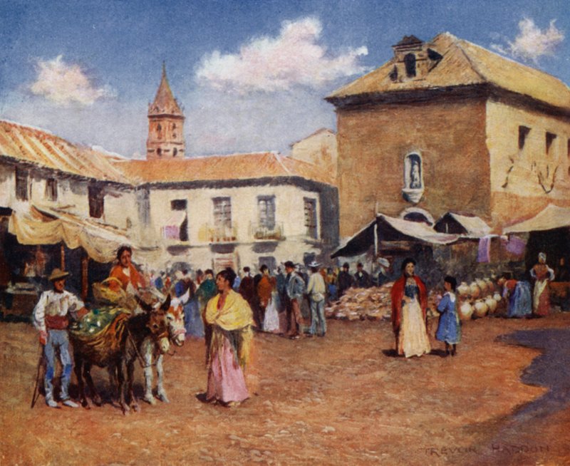 Malaga, A Market (colour litho) 作者 特雷弗·哈登