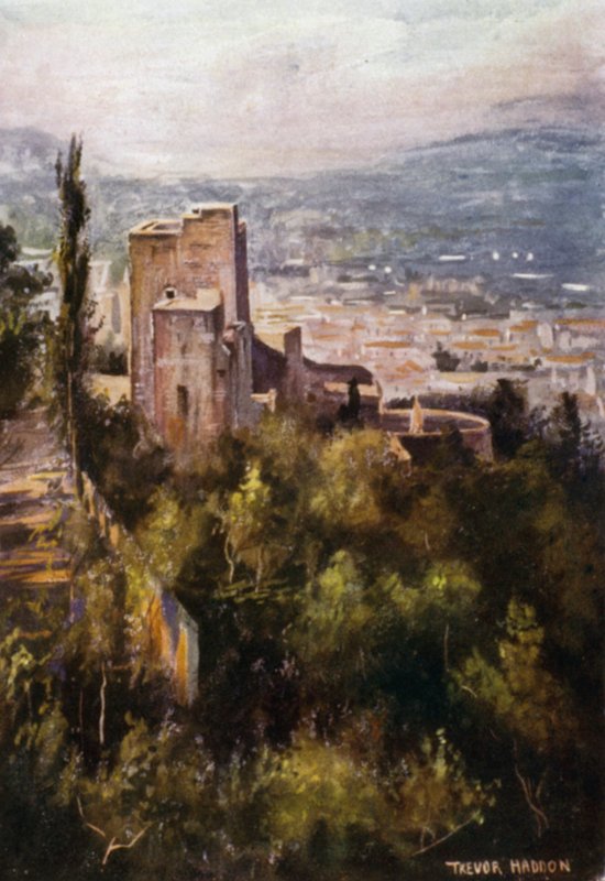 The Alhambra, The Vermillion Towers from the Ramparts (colour litho) 作者 特雷弗·哈登