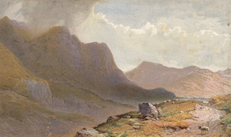 北威尔士 Nant Frangon 山头，Capel Currg 和 Llyn Ogwen 之间的场景（彩塑） 作者 亚伦·埃德温·彭利