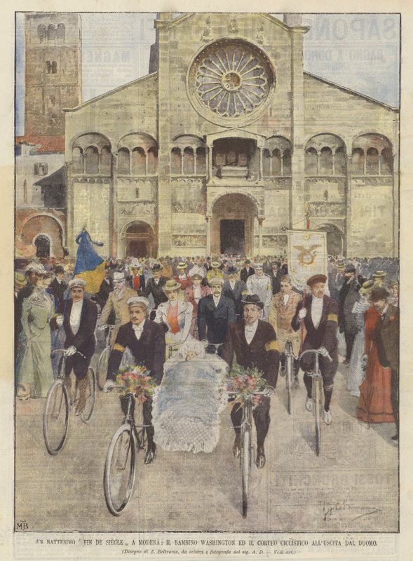 在摩德纳的洗礼Fin De Siecle，孩子华盛顿和骑自行车的游行AllUscita从大教堂 作者 阿基里·贝尔特拉姆（Achille Beltrame）