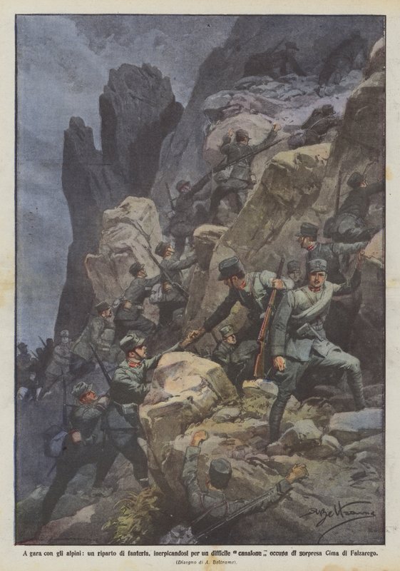 为了与步兵师Alpini比赛，在艰难的沟壑中攀登？ 作者 阿基里·贝尔特拉姆（Achille Beltrame）