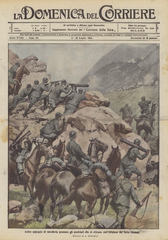 热情的骑兵巡逻队压迫了从七个城市的高原撤退的奥地利人 作者 阿基里·贝尔特拉姆（Achille Beltrame）