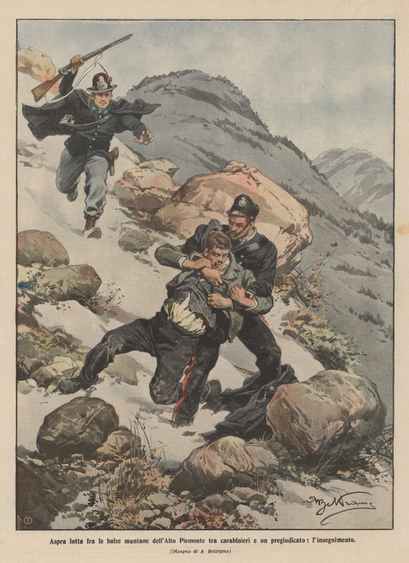 Aspra在高山麓的山崖之间争斗，在carabinieri和偏见，追求之间 作者 阿基里·贝尔特拉姆（Achille Beltrame）