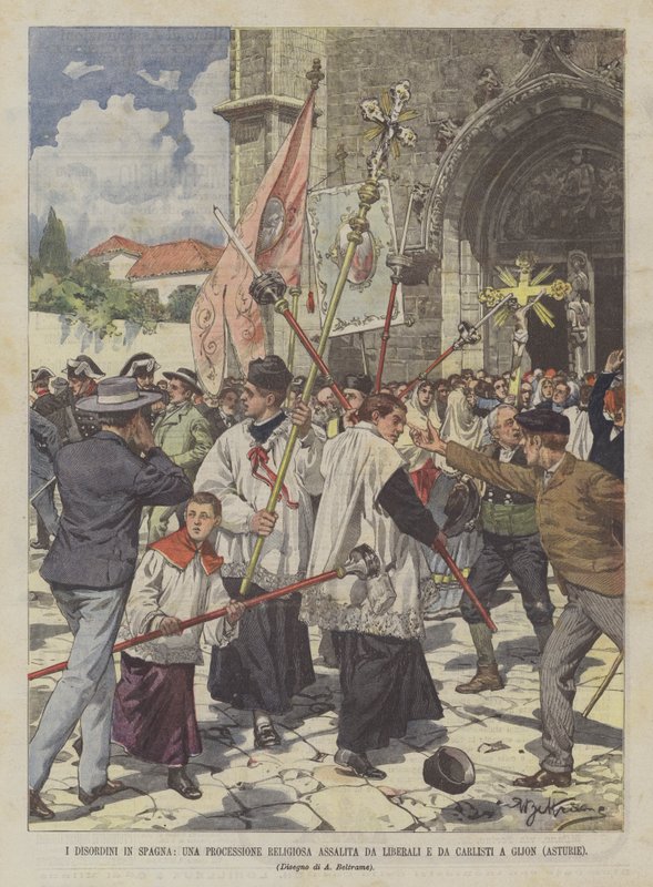 西班牙的紊乱，在希洪（阿斯图里亚斯）被自由党和卡尔斯特殴打的宗教游行 作者 阿基里·贝尔特拉姆（Achille Beltrame）