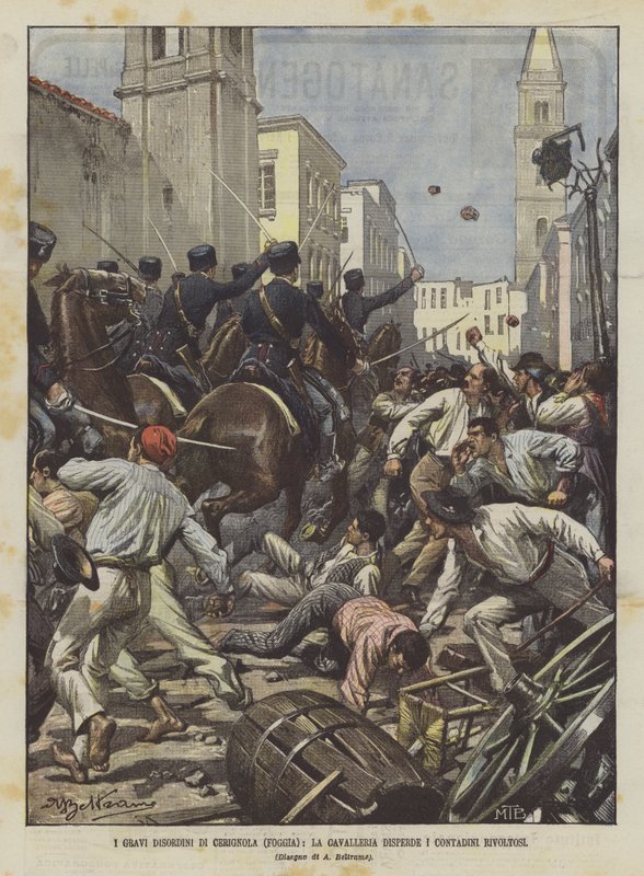Gravi Disordini Di Cerignola（福贾），骑兵分散反向农民 作者 阿基里·贝尔特拉姆（Achille Beltrame）