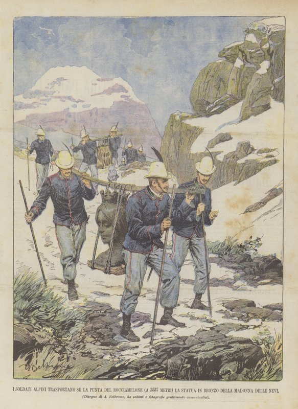 蓬塔德罗卡西梅隆（3537米处）的阿尔卑斯山军队士兵的青铜雕像？ 作者 阿基里·贝尔特拉姆（Achille Beltrame）
