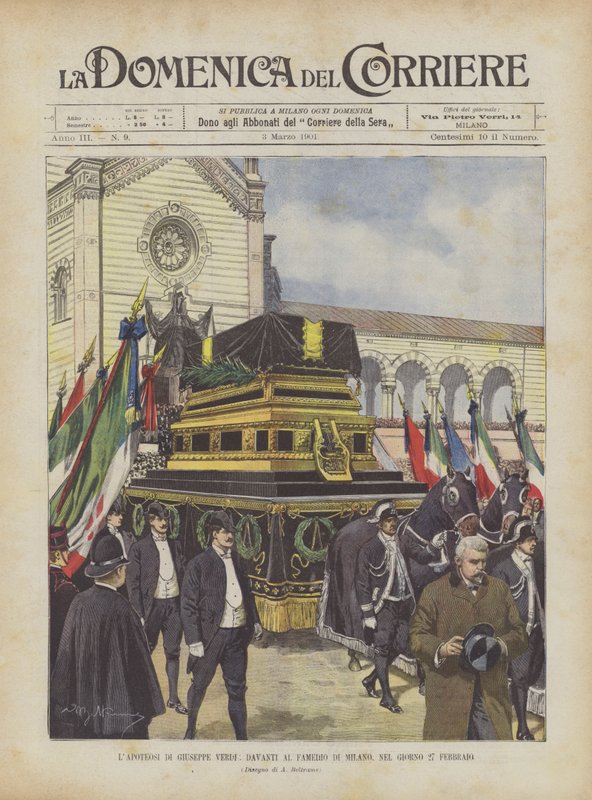 2月27日，在Famedio Di Milano前面的LApoteosi Di Giuseppe Verdi 作者 阿基里·贝尔特拉姆（Achille Beltrame）
