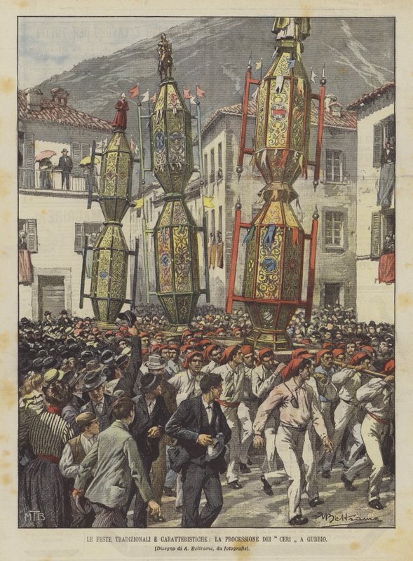 传统节日和特征，游行Dei Ceri在古比奥 作者 阿基里·贝尔特拉姆（Achille Beltrame）