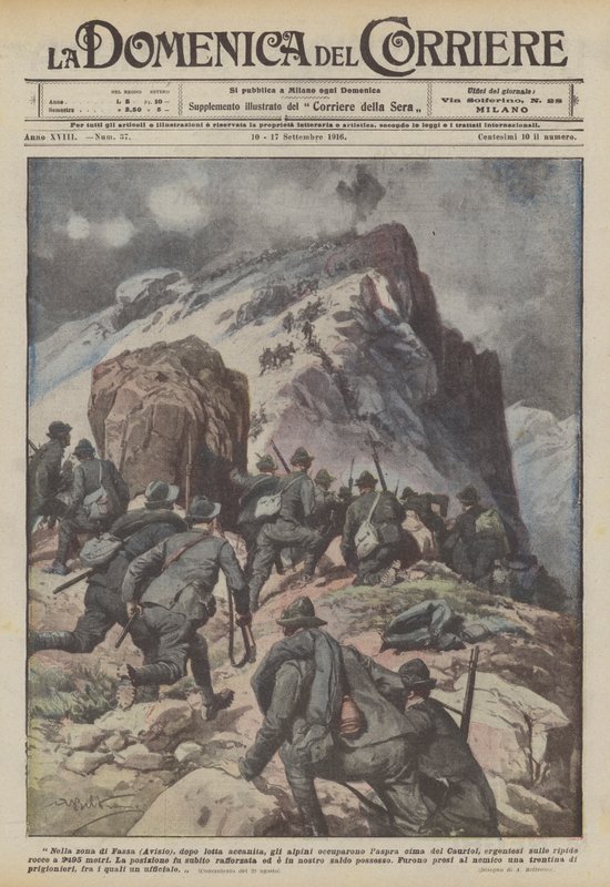 在Fassa（Avisio）地区，经过激烈的战斗，Alpini占领了Cauriol的高峰？ 作者 阿基里·贝尔特拉姆（Achille Beltrame）