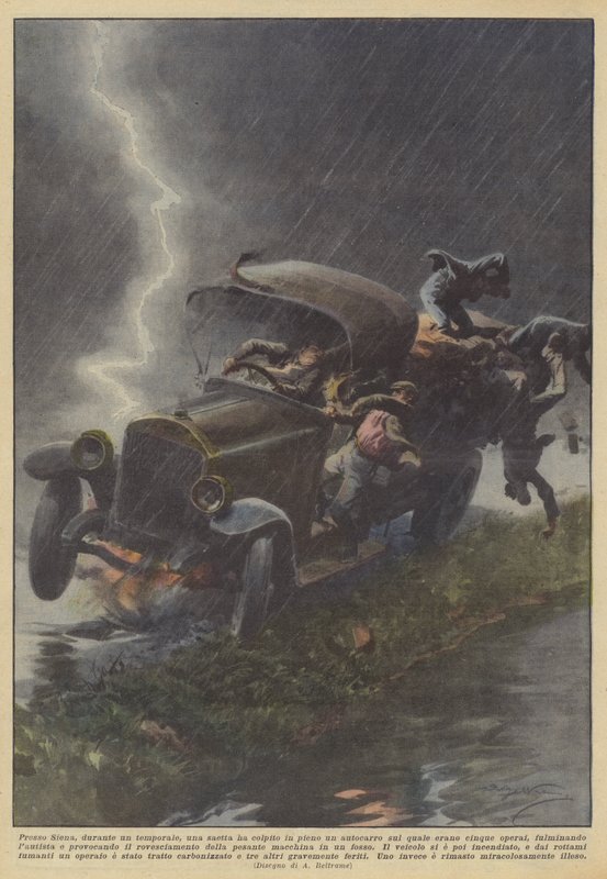 在锡耶纳，在一场雷雨期间，雷电撞上了满载的卡车？ 作者 阿基里·贝尔特拉姆（Achille Beltrame）