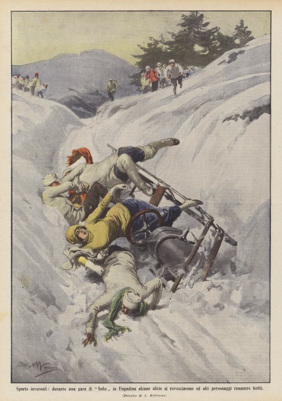 冬季运动，在恩加丁的一场雪橇比赛中，一些雪橇被推翻并且很高？ 作者 阿基里·贝尔特拉姆（Achille Beltrame）