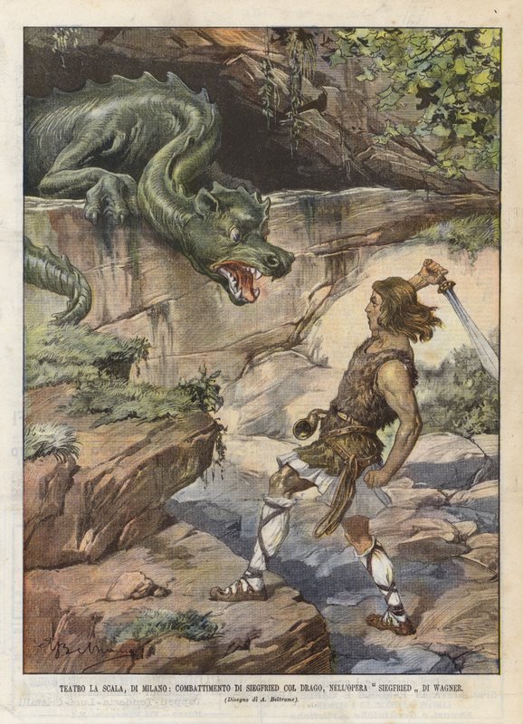 斯卡拉剧院，米兰，Siegfried Col Drago的战斗，在瓦格纳的齐格弗里德歌剧院 作者 阿基里·贝尔特拉姆（Achille Beltrame）