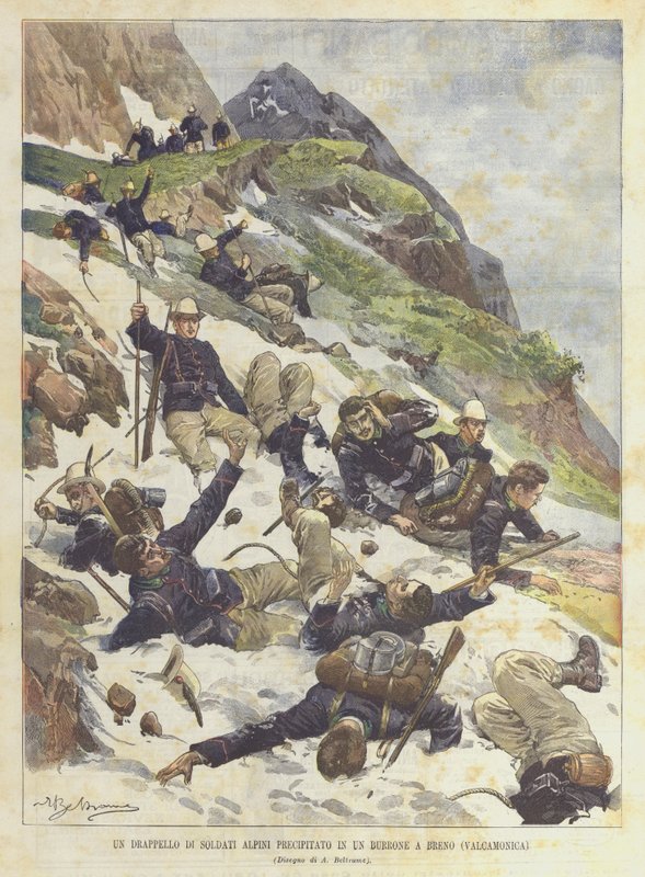 阿尔卑斯山的士兵在布雷诺（Valcamonica）的山沟里冲了一下 作者 阿基里·贝尔特拉姆（Achille Beltrame）