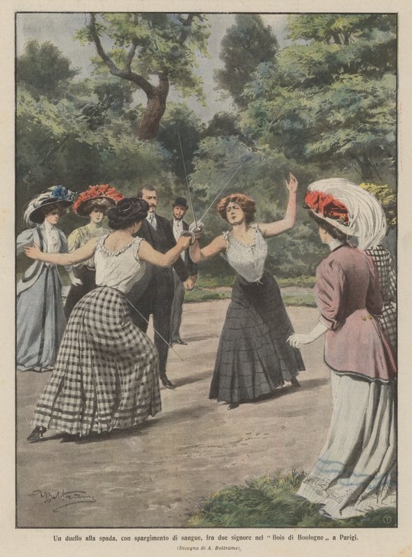 在巴黎的布洛涅森林（Bois de Boulogne）的两位女士之间，与剑一起决斗，流血事件 作者 阿基里·贝尔特拉姆（Achille Beltrame）