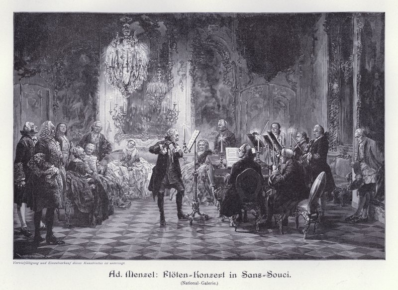 Flute concert in the Palace of Sanssouci, Potsdam, Prussia (engraving) 作者 Menzel（之后）的Adolph Friedrich Erdmann