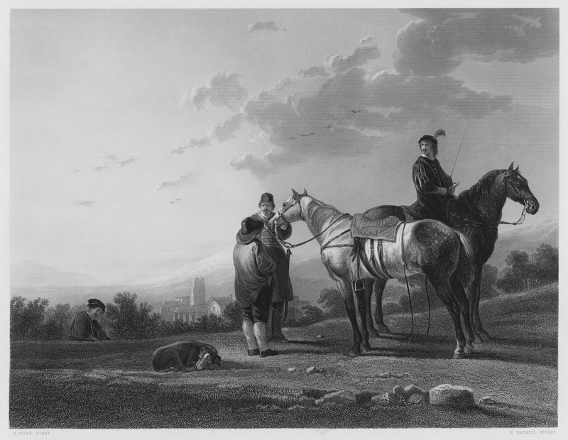 骑兵队，来自皇家收藏的图片（雕刻）。 作者 Aelbert（之后）Cuyp