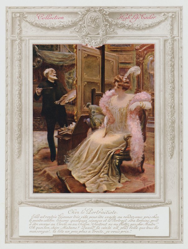 Belle Epoque Paris, 画肖像的时尚女士（彩色石版画） 作者 阿尔伯特·纪尧姆