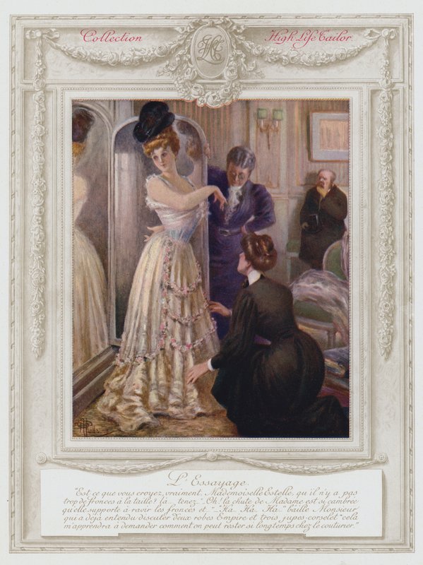 Belle Epoque Paris，时尚女士，试穿连衣裙（彩色石版画） 作者 阿尔伯特·纪尧姆