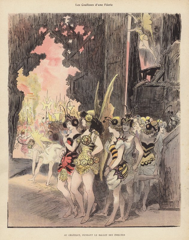 Backstage during a production of the Ballet des Insectes at the Theatre du Chatelet, Paris (colour litho) 作者 阿尔伯特·罗比达