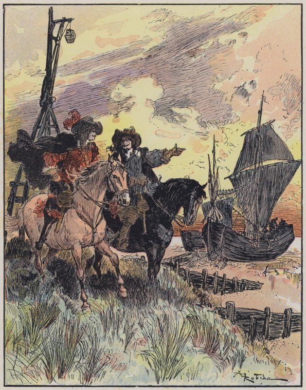 罗比达（A Robida）为《贝勒莫上尉》（Le Capitaine Bellormeau）绘制的插图（彩色平版印刷）。 作者 阿尔伯特·罗比达
