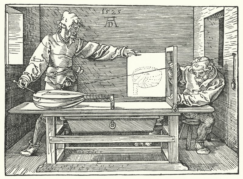 用琴弦构建琵琶的透视图像（雕刻）。 作者 Albrecht（之后）Durer或Duerer
